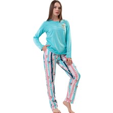 Kadın Yeşil Uzun Kollu Yarım Düğmeli Yuvarlak Yaka Oval Etek Pamuklu Pijama Takımı Tam Kalıp