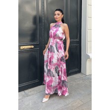 Giyimmasalı Saten Kumas Boyundan Bağlamalı Elbise - Pembe