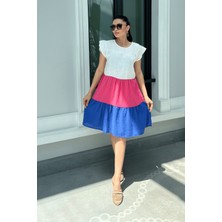 Giyimmasalı Müslin Kumaş Renkli Salaş Elbise - Mavi