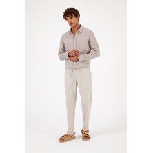 Erkek Alfred Beli Lastikli Gri Çizgili Keten Pantolon