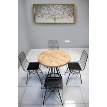 Nur Metal 80X80 cm Vazo 4 Kişilik Antik Çam Siyah Tel Sandalye Takımı Mutfak - Yemek Masası