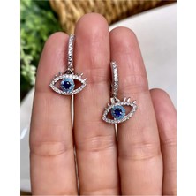 Just GAF Gümüş / Silver Renk Zirkon Taşlı Nazar Göz Detaylı Sallantılı Küpe