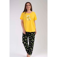 New Pajamas Kadın Sarı Kısa Kollu Desenli Oval Etek Süprem Pijama Takımı