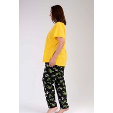New Pajamas Kadın Sarı Kısa Kollu Desenli Oval Etek Süprem Pijama Takımı