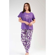 New Pajamas Kadın Mor Kısa Kollu Çiçek Desenli Bisiklet Yaka Oval Etek Süprem Pijama Takımı