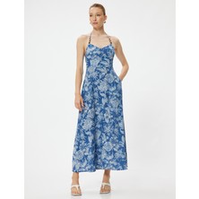 Koton Çiçekli Boyundan Bağlamalı Elbise Midi Boy Keten Karışımlı Cepli