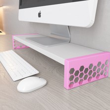 3 Boyutlu Hepsi Monitör Yükseltici Model No : 1 - Pembe Bilgisayar Ekran Yükseltici - Pembe Renkli Altıgen Desenli Tasarım - Beyaz Mdflam