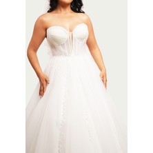 Canım Kendim Store Inci Beyazı Drape, Transparan Detaylı Helen Model Gelinlik
