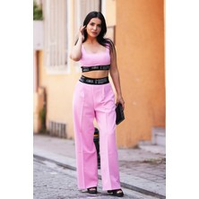 Canım Kendim Store Pembe Lastik Detaylı Crop ve Lastik Detay Pantolon Ikili Takım