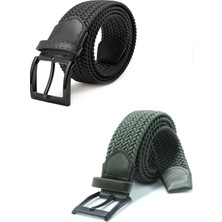 Derikem Ikil Elastik Örgü Kemer 3 5cm Siyah ve Yeşil Lastik Kemer Unisex 2 Adet
