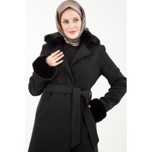 Armine Trend Seyyar Kürklü Supatlı Belden Bağlamalı Kaşe Kaban-Siyah 23KT804
