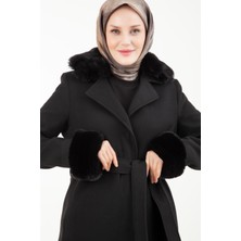 Armine Trend Seyyar Kürklü Supatlı Belden Bağlamalı Kaşe Kaban-Siyah 23KT804