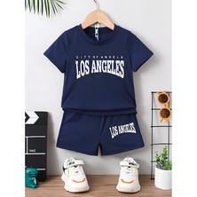 Beeton Los Angeles California Baskılı Lacivert Çocuk T-Shirt-Şort Takım - Çocuk Yazlık Sıfır Yaka