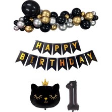 Parti Furyası Siyah Kedili Happy Bırthday Doğum Günü Seti Kedi  konsept Balon Seti 1 yaş Parti Doğum Günü Konsept Parti Eğlence 