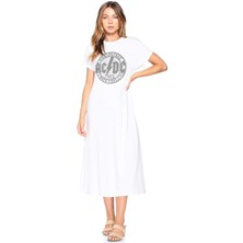 Rock&Roll Dairede Acdc Beyaz Bisiklet Yaka Kısa Kollu Penye Uzun Elbise