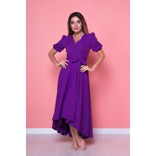 No48 Mor Büyük Beden Asimetrik Kesim Elbise