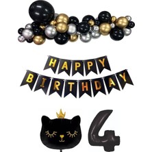 Parti Furyası Siyah Kedili Happy Bırthday Doğum Günü Seti Kedi  konsept Balon Seti 4 yaş Parti Doğum Günü Konsept Parti Eğlence 