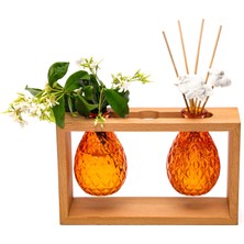 Missi Masif Ahşap Standlı Turuncu Cam Incir-Nar Oda Kokusu ve Vazo Seti