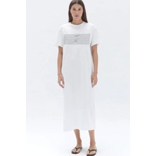 Rock&Roll Çizgili Köpek Beyaz Bisiklet Yaka Kısa Kollu Penye Uzun Elbise