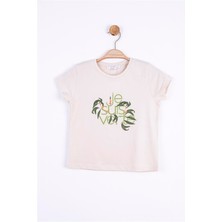 NK Kız Çocuk Pamuklu Yaprak Baskılı Yuvarlak Yaka Yarım Kol Tshirt