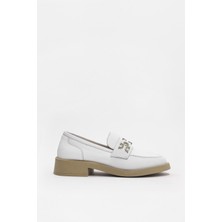 Morris Beyaz Hakiki Deri Gümüş Aksesuarlı Kadın Loafer