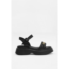 Julicka Siyah Hakiki Deri Kalın Tabanlı Kadın Sandalet