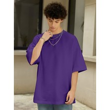 Beeton Basic Düz T-Shirt - Mor Baskısız Oversize Bisiklet Yaka Kısa Kol Tişört