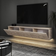 İnarch Dizayn Neon LED Işıklı Duvara Monte,3 Kapaklı Tv Ünitesi,tv Sehpası Traverten