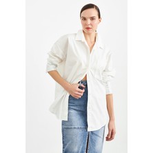 Setre Beyaz %100 Pamuklu Taş Detaylı Uzun Kollu Oversize Gömlek