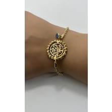 By Semra Burgu Zincir Nazar Boncuklu Yaşam Çiçeği Hayat Ağacı Dorika Topçuk Model Çelik Gold Bileklik