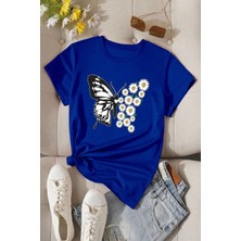 Trendypassion Only Trendwear Erkekler İçin Pamuklu Papatya Kelebek Tasarım TShirt 2XL Mavi Rahat Kullanım
