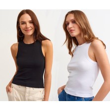 Actiwear Kadın 2'Li Paket Fitilli Halter Yaka Örme Atlet T-Shirt