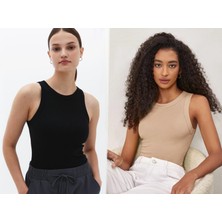 Actiwear Kadın 2'Li Paket Fitilli Halter Yaka Örme Atlet T-Shirt