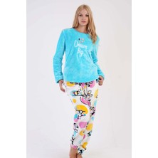 Vienetta Kadın Mavi Welsoft Yuvarlak Yaka Uzun Kollu Cepli Manşetli Desenli Pijama Takımı
