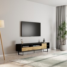 İnarch Dizayn Luga Kapaklı Tv Ünitesi, Tv Sehpası - Metal Siyah Ayak - Siyah/kilim