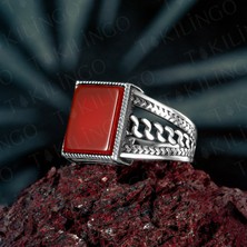 Takılingo 925 Ayar Gümüş Kırmızı Akik Taşlı Sade Zincir Desenli Erkek Yüzük