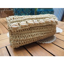 Craftatelier Krem Renk Kağıt Ip Deniz Kabuğu Detaylı El Yapımı Clutch Çanta