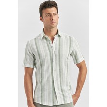 İmza Koyu Yeşil Kısa Kollu Çizgili Armürlü Pamuklu Casual Slim Fit Dar Kesim Gömlek 1004240243
