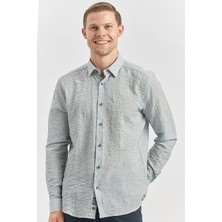 İmza Koyu Lacivert Uzun Kollu Baskılı Gofreli  Cepsiz  Pamuklu Likralı Klasik Slim Fit Gömlek 1004240102