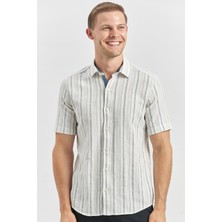 İmza Koyu Lacivert Kısa Kollu Armürlü Garnili Pamuklu Casual Slim Fit Gömlek 1004240244