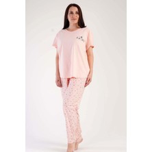 New Pajamas Kadın Somon Kısa Kollu Yıldız Desenli Bisiklet Yaka Oval Etek Süprem Pijama Takımı