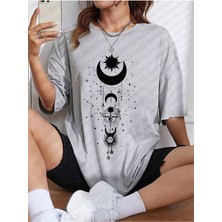 Beeton Ay Güneş T-Shirt -  Gri Baskılı Oversize Bisiklet Yaka Kısa Kol Tişört