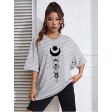 Beeton Ay Güneş T-Shirt -  Gri Baskılı Oversize Bisiklet Yaka Kısa Kol Tişört