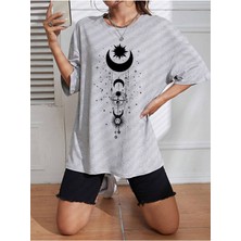 Beeton Ay Güneş T-Shirt -  Gri Baskılı Oversize Bisiklet Yaka Kısa Kol Tişört