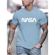 Beeton Nasa T-Shirt - Bebe Mavi Baskılı Oversize Bisiklet Yaka Kısa Kol Tişört