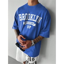 Beeton Brooklyn Every Day Süprem T-Shirt - Sax Mavi Baskılı Oversize Bisiklet Yaka Kısa Kol Tişört