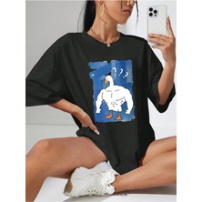 Beeton Kaslı Ördek T-Shirt - Siyah  Baskılı Oversize Bisiklet Yaka Kısa Kol Tişört