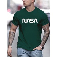 Beeton Nasa T-Shirt - Nefti Yeşil  Baskılı Oversize Bisiklet Yaka Kısa Kol Tişört