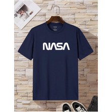 Beeton Nasa T-Shirt Lacivert Baskılı Oversize Bisiklet Yaka Kısa Kol