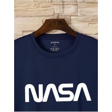 Beeton Nasa T-Shirt Lacivert Baskılı Oversize Bisiklet Yaka Kısa Kol